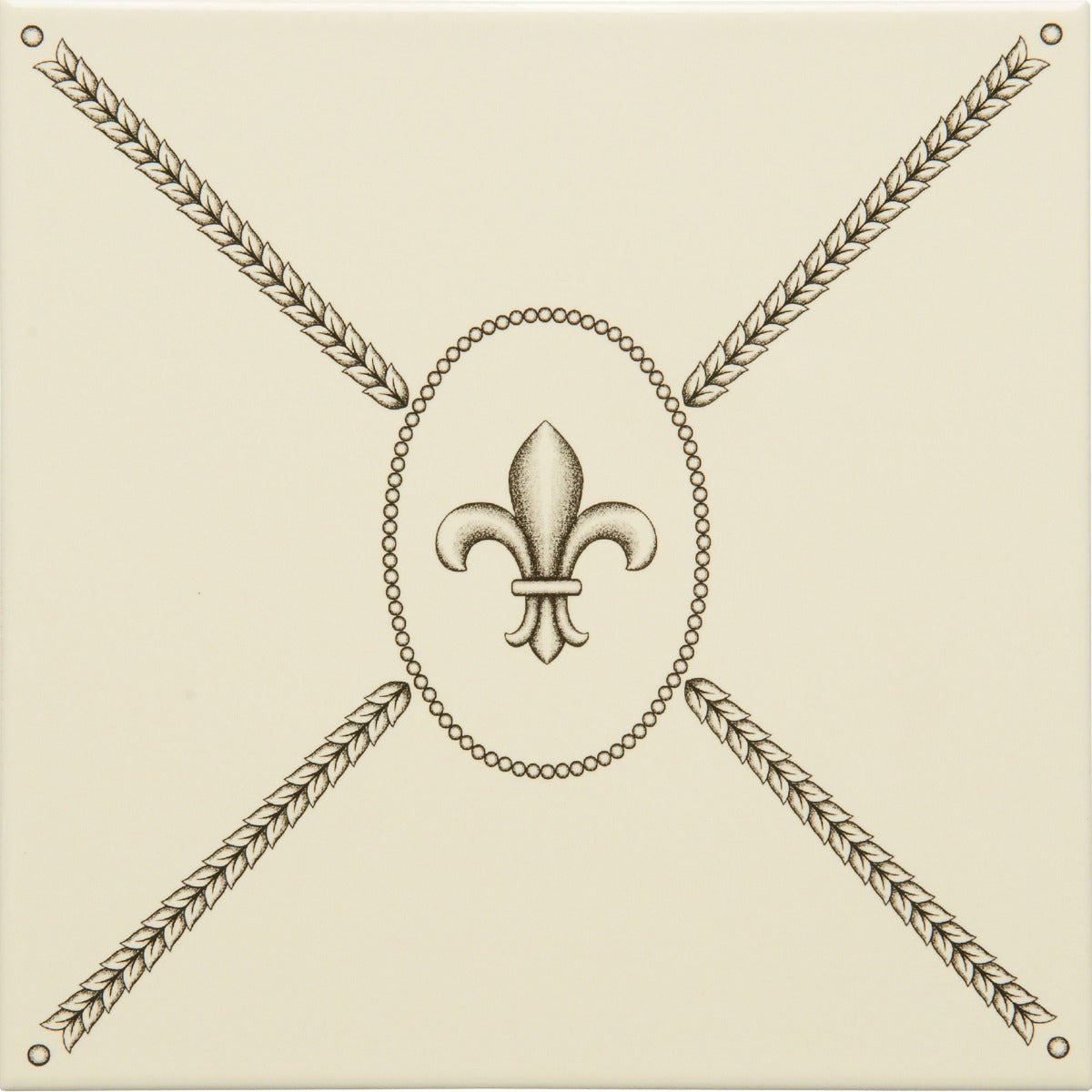 Original Style Cartouche With Fleur De Lis Charcoal Grey on County White Tile