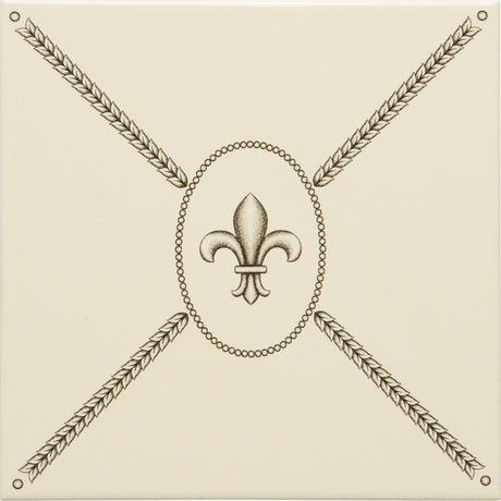 Original Style Cartouche With Fleur De Lis Charcoal Grey on County White Tile