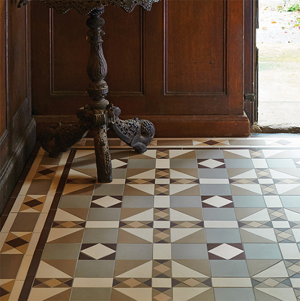Colchester pattern with Thackeray border in Holkham Dune, Regency Bath, White, Brown and Old London
