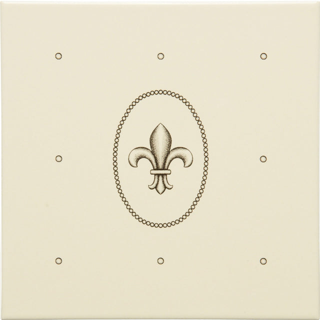 Original Style Dot Cartouche with Fleur De Lis Charcoal Grey on County White Tile