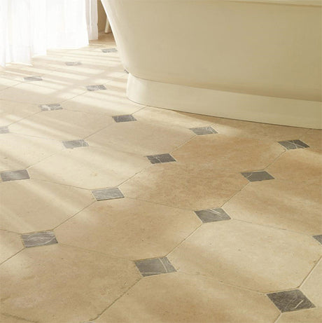 Original Style Negra Black Dot Tumbled Marble (with Chalon Octagon Tumbled Limestone)