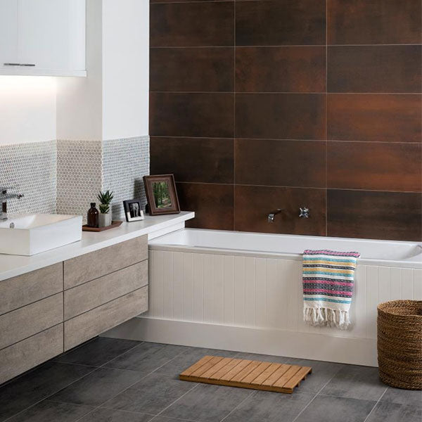 Wall: Rush Copper & White Lady Glass Mosaics
Floor: Celaya Grey CS1205-6030
