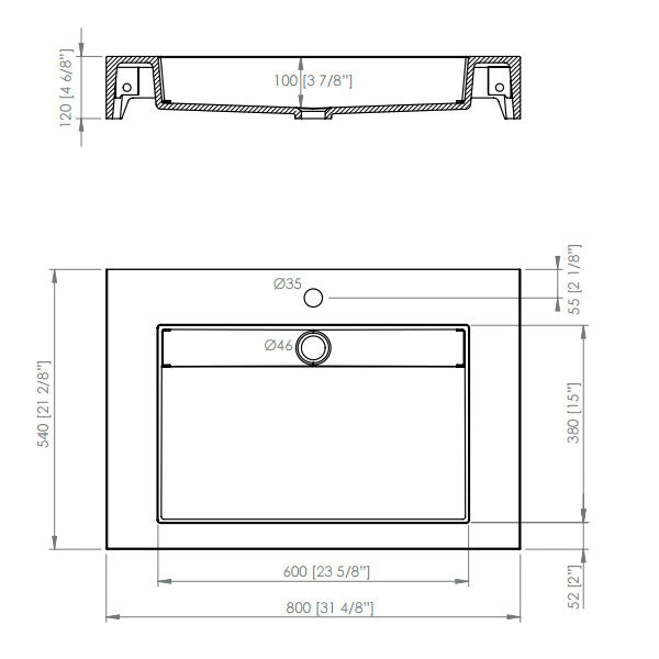 Porcelanosa Ras Krion Wall Hung Washbasin & Worktop 80 x 54cm 