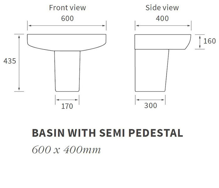 Portobello 1TH Basin & Semi Pedestal 600 x 400mm