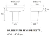 Portobello 1TH Basin & Semi Pedestal 600 x 400mm