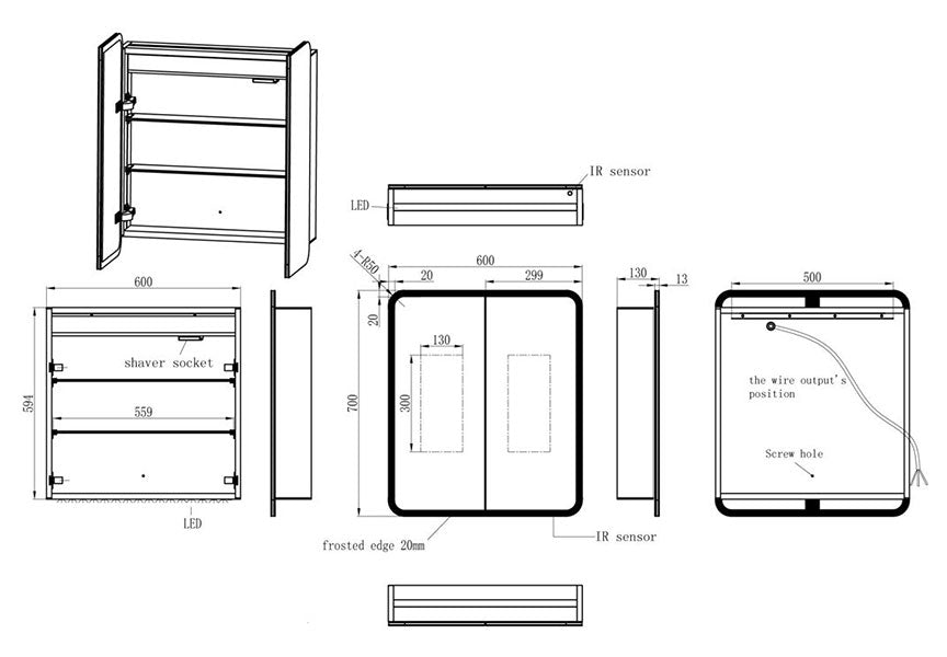 Tabo Aries 2 Door Front-Lit Mirror Cabinet 700 x 600mm