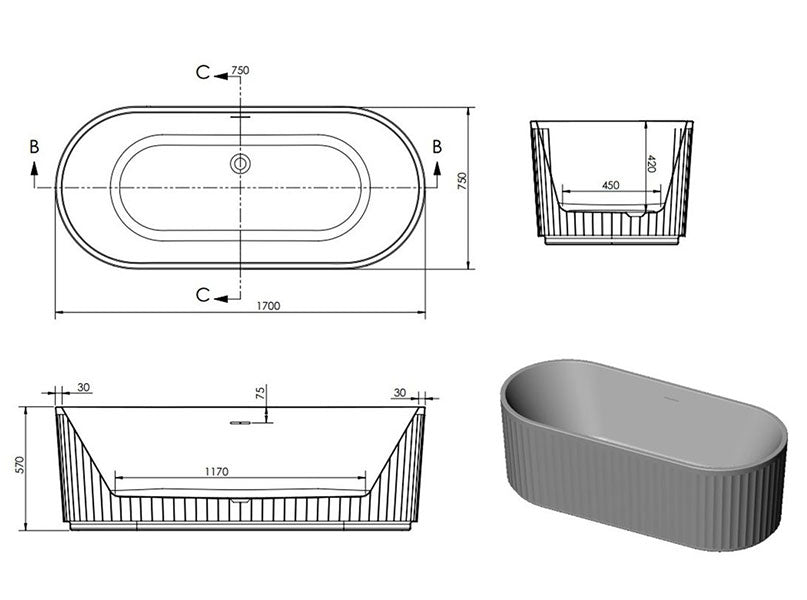 Tabo Neve Fluted Freestanding Bath 1700 x 750 x 570mm