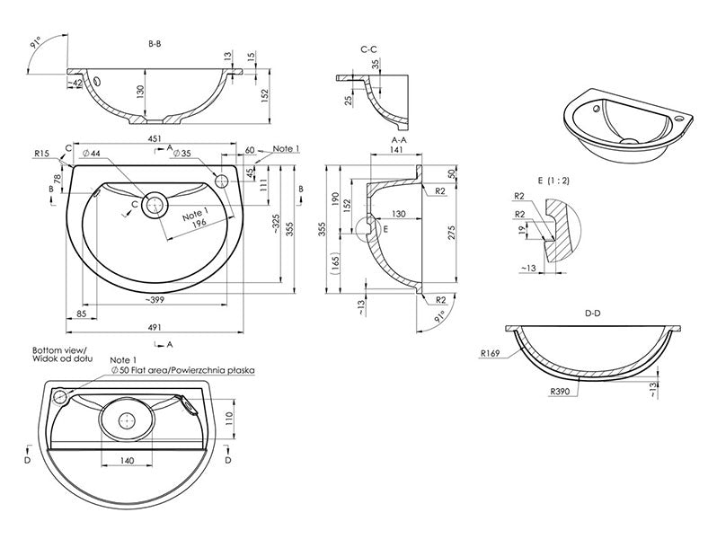 Tabo Slim Space Saver 1TH Semi Recessed Basin 490 x 355mm