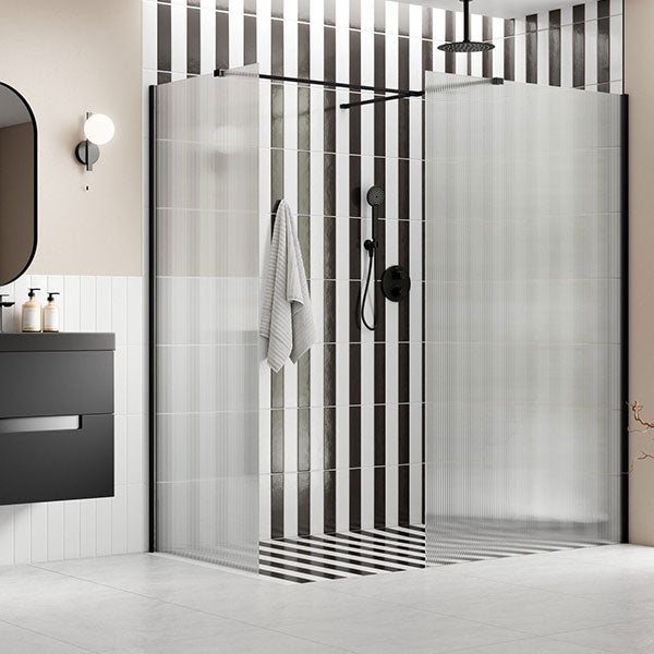 Tabo Splash Fresco Fluted Glass Wetroom Panel (and Side Panel) Black 