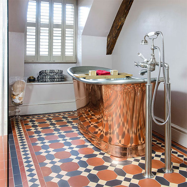 Warwick pattern with a border based on Keats in Red, Black and Buff