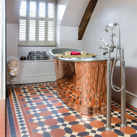 Warwick pattern with a border based on Keats in Red, Black and Buff