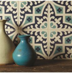 Odyssey Romanesque Dark Blue and Dark Jade on White Tiles